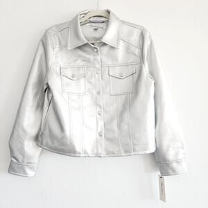 Kenneth Cole Faux Leather Metallic Silver Button Front Jacket Size Large